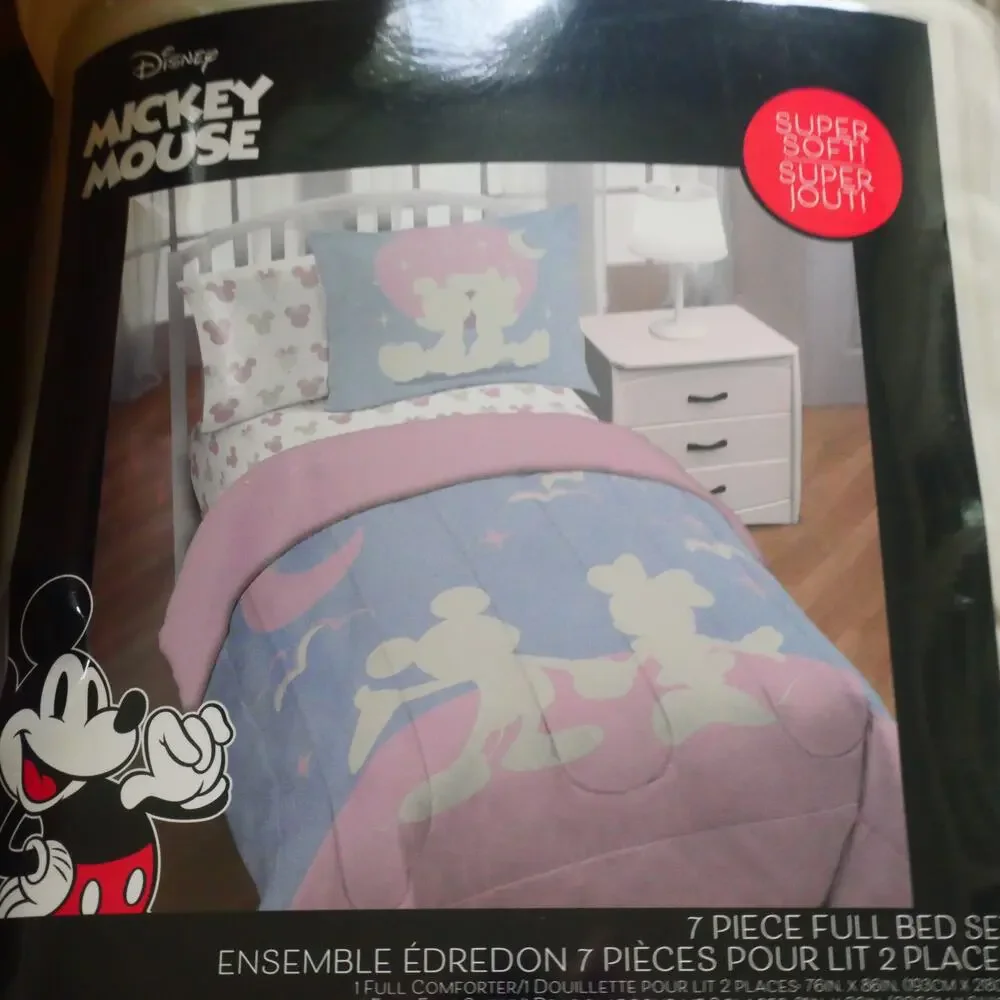 NEW Disney Mickey & Minnie Mouse 7 Pc Full Comforter  Set Franco Blue Purple